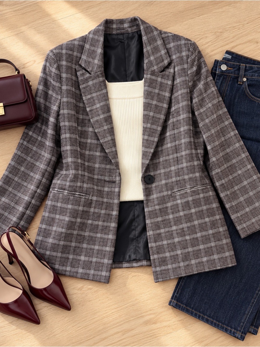 Fashion Nova Brown Plaid Longline Blazer Womens Medium Single Button Lined